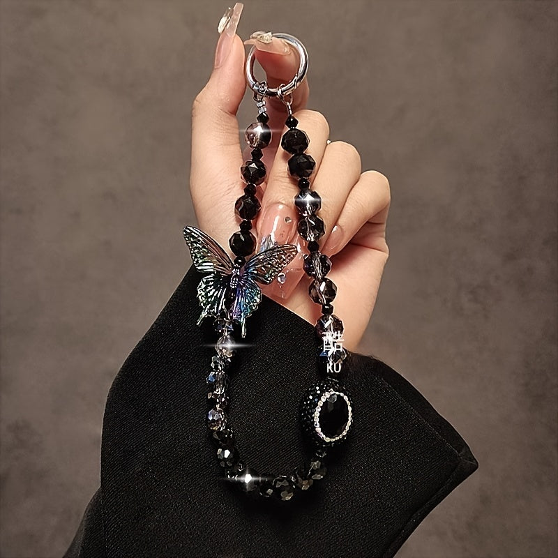 Luxury Crystal Butterfly Beaded Phone Lanyard Strap - Chic Handmade Wristlet Keychain Accessory with Gemstone Accents and Transparent Clip